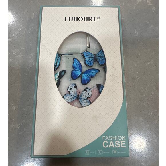 iPhone 14 Pro Acrylic Phone Case with Screen Protector - Floral Blue Butterflies - Picture 1 of 4
